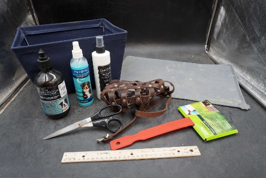 Navy Blue Basket, Dog Shampoo, Muzzle, Scissors, Mat & Flat Painter