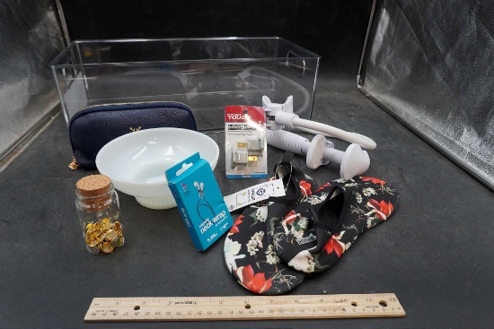 Clear Organizer Bin W/ Zippered Wallet, Slippers, Pins, Neck Wrap, Grounded Adapter