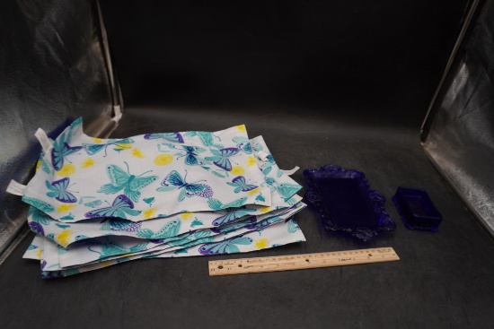 Blue Glass Dish & Soap Dish, Butterfly Placemats