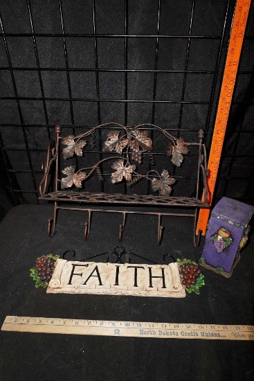 Metal Leaf Coat Hanger, Faith Sign & Purple Fruit Decor