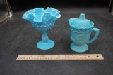 Hobnail Ruffled Compote & Blue Peacock Creamer