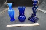2 Blue Glass Vases & Imperial Blue Glass Fish Candlestick
