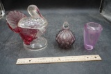 Glass Turkey Candy Dish, Cruet & Glass Vase