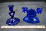 2 - Blue Glass Candlesticks