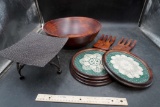 Salad Bowl W/ Forks, 3 Round Framed Doilies & Metal Tray
