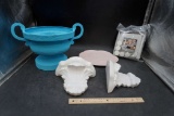 Blue Pot, Wall Sconce Shelves, Pink Plate & Tea Lights
