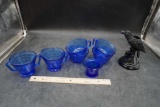 Blue Glass Cups, Cream & Sugar, Crow/Raven Candle Holder