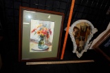 Framed Flowers In Vase Picture & Unique Shaped Mirror W/ White/Blue Floral Frame