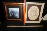 2 Framed Pictures - Countryside & Mother W/ Baby