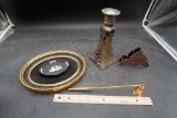 Snuffer, Candle Holder, Cast Iron Napkin Holder?, Trays