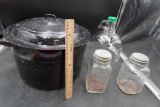 Enamel Pan, Glass Thumb Jug & 2 Glass Containers