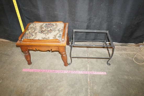 Wooden Table W/ Glass Top & Metal Frame