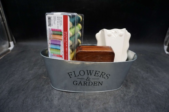 Flower Metal Caddy W/ Thread, Trinkets In Box & Wall Pocket
