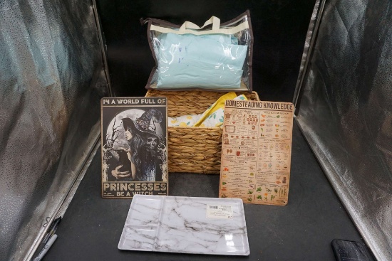 Basket W/ Linens, Faux Marble Tray, Witch & Homesteading Knowledge Signs