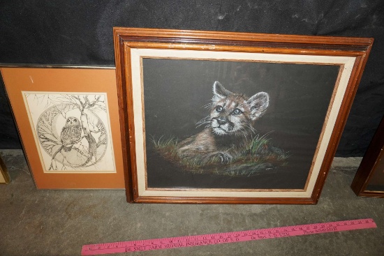 2 Framed Pictures - Owl & Lion