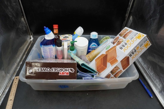 Plastic Tote W/ Copper Meatloaf Pan, Toilet Cleaner, Soap, Power Scrubber, Wallet