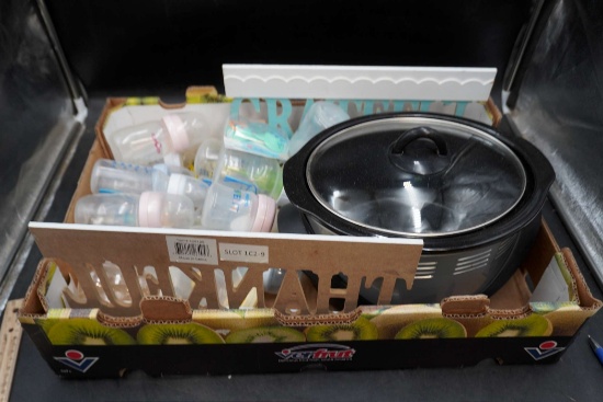 Crockpot, Baby Bottles, Pacifier & Wooden Signs