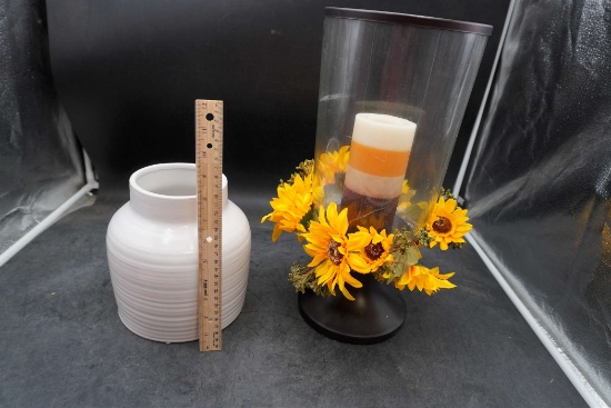 White Vase & Candle Holder W/ Sunflowers