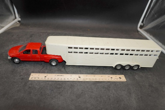 Red Dodge Pickup & Livestock Trailer