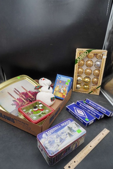 Maxwell House Tin, Tray, Snowman, Christmas Tin, Light Bulbs & Ornaments