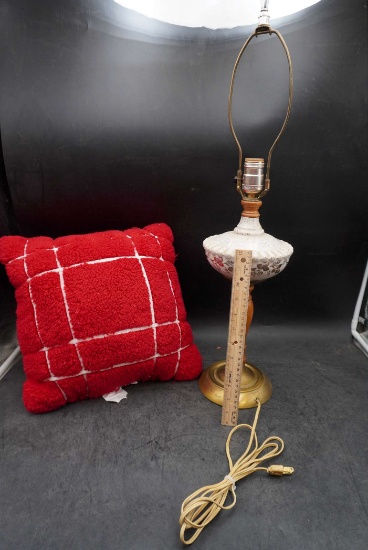 Red Throw Pillow & Leaf Lamp Base