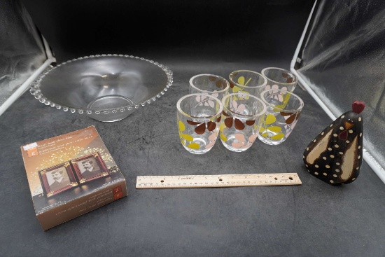 Glass Bowl, Flower Candle Holders, Chicken Figurine & Antique Finish Photo Frame