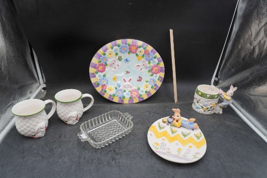 Rabbit Mugs, Glass Dish & Rabbit Plates