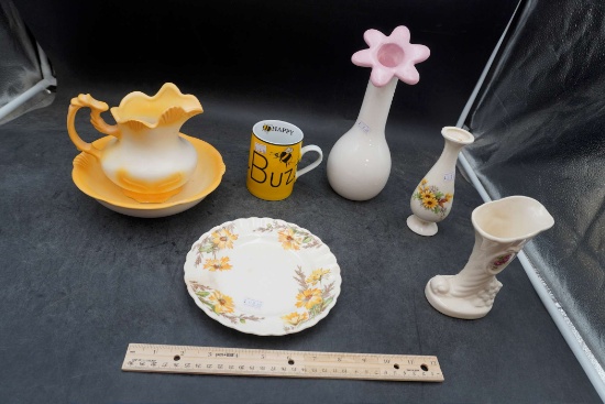 Bud Vases, Mug, Vase, Limoges Plate & Pitcher W/ Bowl