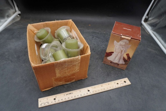 Candle Holders W/ Green Candles & Angel Figurine