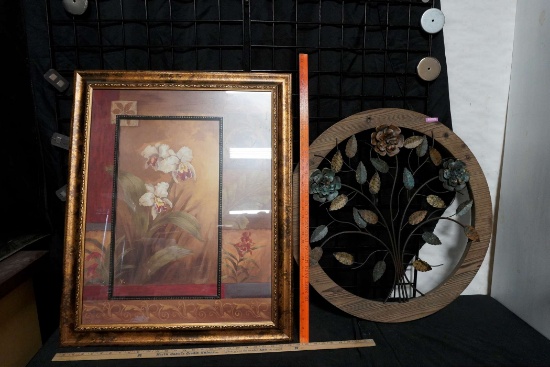Framed Floral Picture & Wooden Round Frame W/ Metal Flower Decor