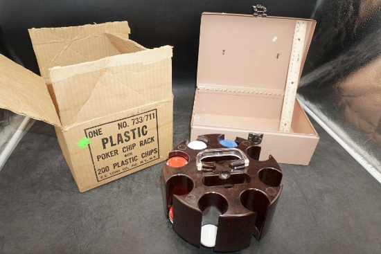 Plastic Poker Chip Rack W/ Plastic Chips & Metal Lock Box
