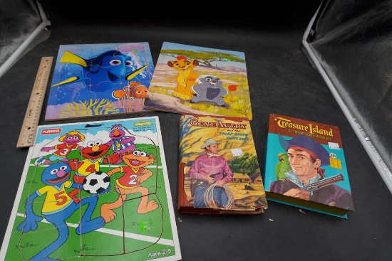 3 Wooden Puzzles, 2 Books (Gene Autry & Treasure Island)