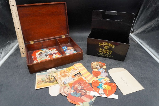 Jack Daniels Caddy, Wooden Box W/ Vintage Valentine'S Day Cards