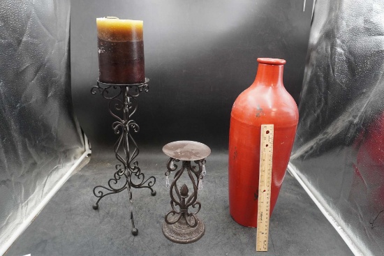 2 Candle Holders, 1 Candle & Red Vase