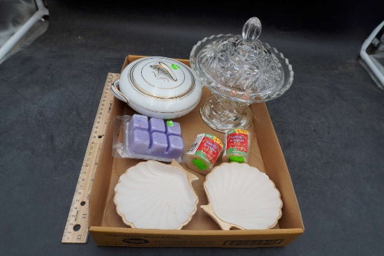 Glass Candy Dish, Shell Dishes, Candy Dish, Wax Melts & 2 Vanilla Candles