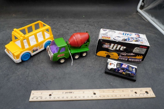 School Bus, Buddy L Cement Truck, Miller Lite Rusty Wallace Car