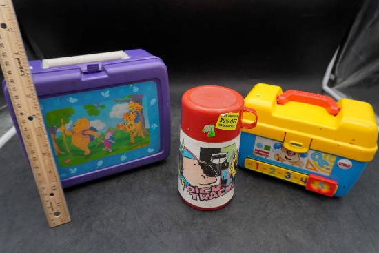 Winnie The Pooh Lunch Box, Dick Tracy Thermos & Fisher-Price Toy