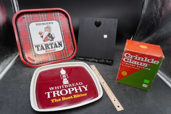 Trays (Younger'S Tartan Bitter, Whitbread Trophy), Crinkle Claus Figurine & Wooden Stand
