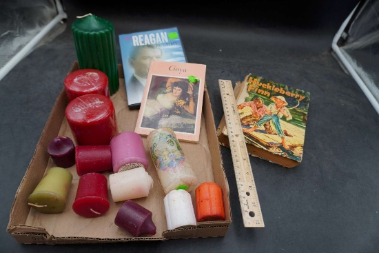 Assorted Candles, Huckleberry Finn Book, Goya Book & Reagan Dvd