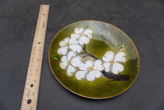 Painted White Floral Green Plate