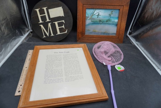 Round Wooden S.D. Home, Framed Duck Picture, Framed The Bald Eagle Write Up & Butterfly Net