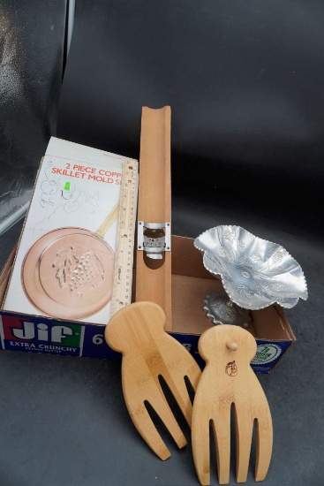 2 Piece Copper Skillet Old, Wooden Salad Forks, Metal Compote