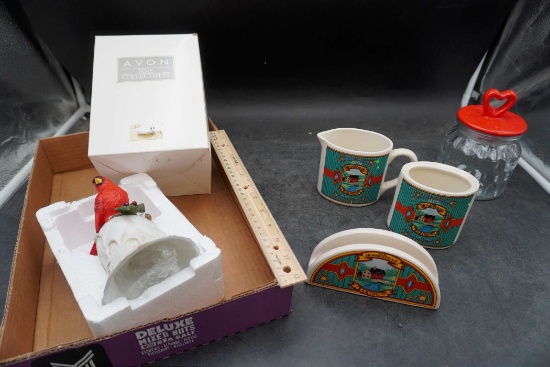 Old Homestead Napkin Holder, Cream, Sugar, Glass Jar & Cardinal Bell