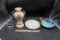Fire-King Plates, Blue & Gold Teapot, Decorative Floral Vase & Super Bowl Glass