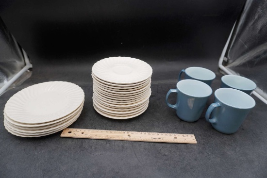Plates (2 Sizes) & 4 Pyrex Mugs