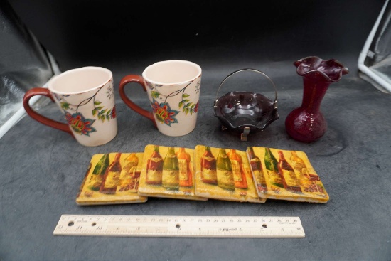 Pier 1 Mugs, Small Glass Basket, Coaster & Ruffle Vase