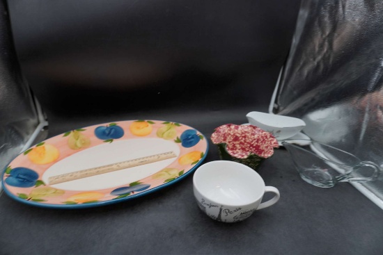 Platter (Portugal), Glass Gravy Boat (Anchor Hocking), Paris Mug (222 Fifth), Ruffle Bowl (East Texa