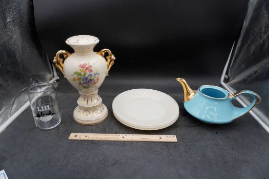 Fire-King Plates, Blue & Gold Teapot, Decorative Floral Vase & Super Bowl Glass