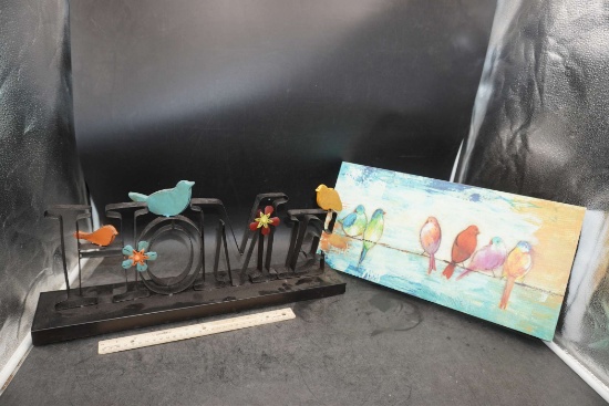Metal "Home" Sign & Bird Picture