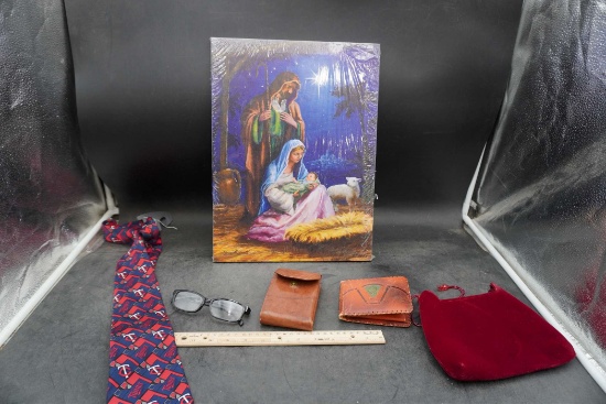 M.N. Twins Tie, Glasses, Wallet, Joseph Mary & Baby Jesus Picture, Red Bag & Leather Case